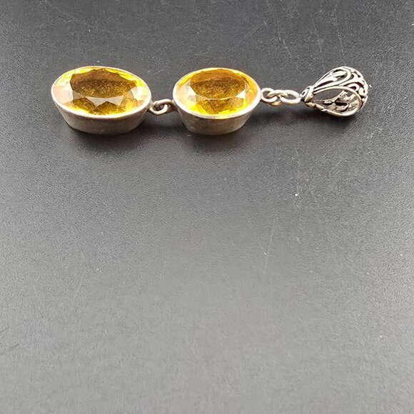 Citrine 925 Sterling Silver Double Oval Gemstone Dangle Pendant With Intricate B - Picture 5 of 8